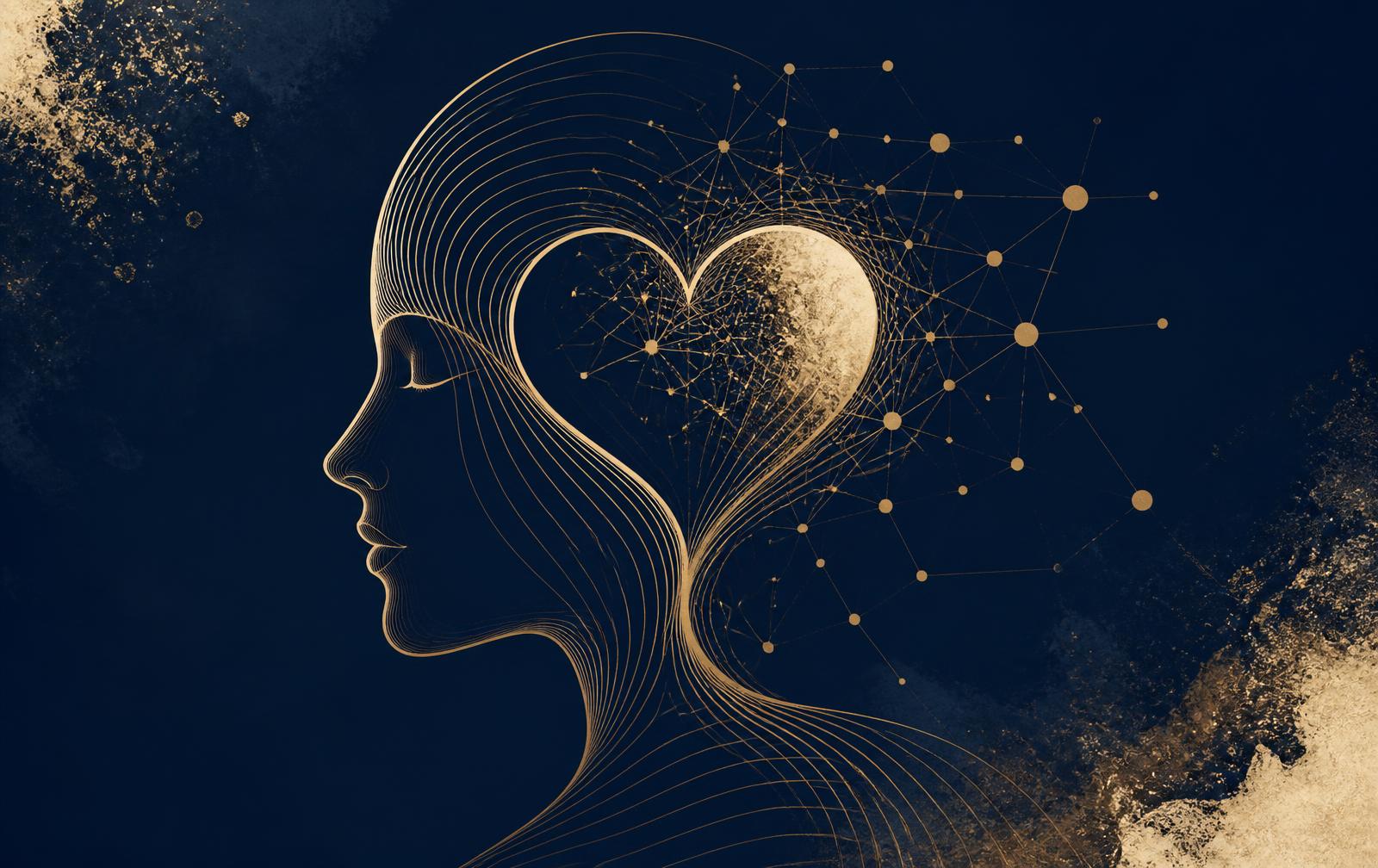 Gold line illustration of a head profile merging with a heart and a network of connected nodes